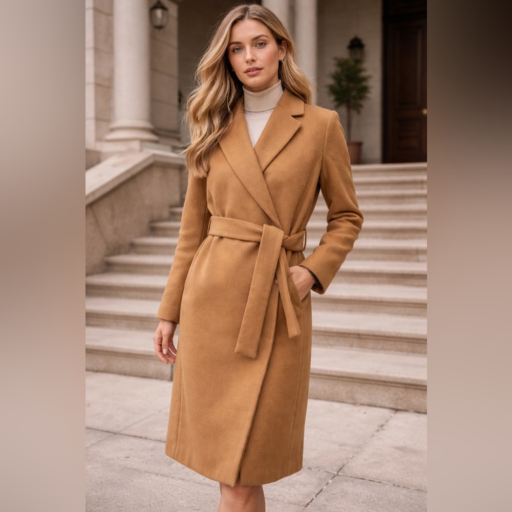 H&M Women’s Camel Wrap Coat XS EUR 34 Long Belted Minimalist Coat